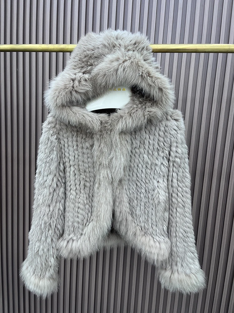 2025 패션 여성 천연 토끼털 코트 니트 리얼 폭스털 후드 재킷 오버코트 의류