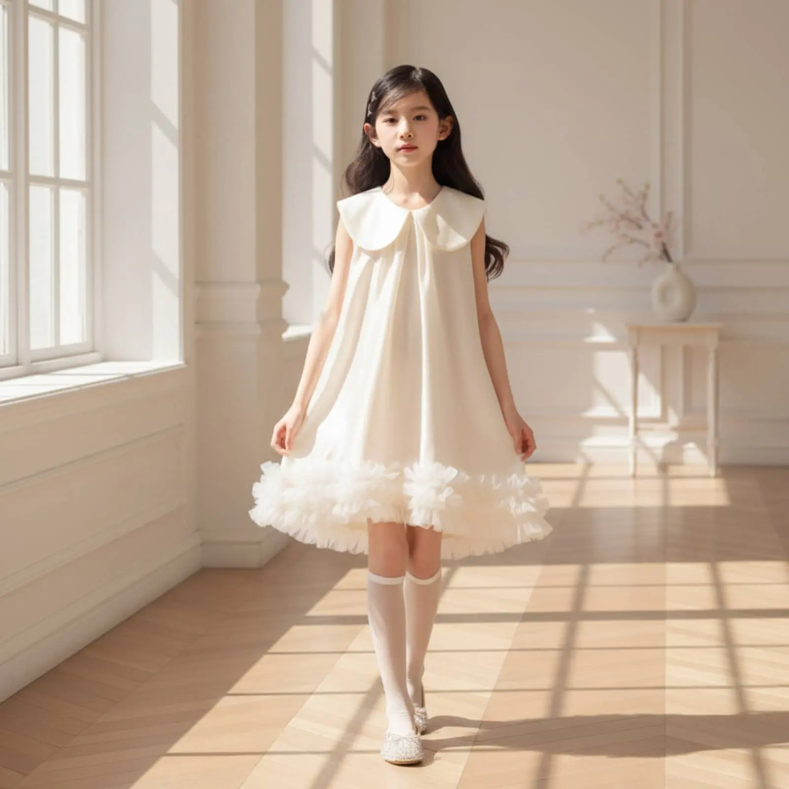 Sleeveless Peter Pan Collar Dress Lightweight Shimmery Doll Collar Dress Girl Frock Breathable for Children, Special Occasion