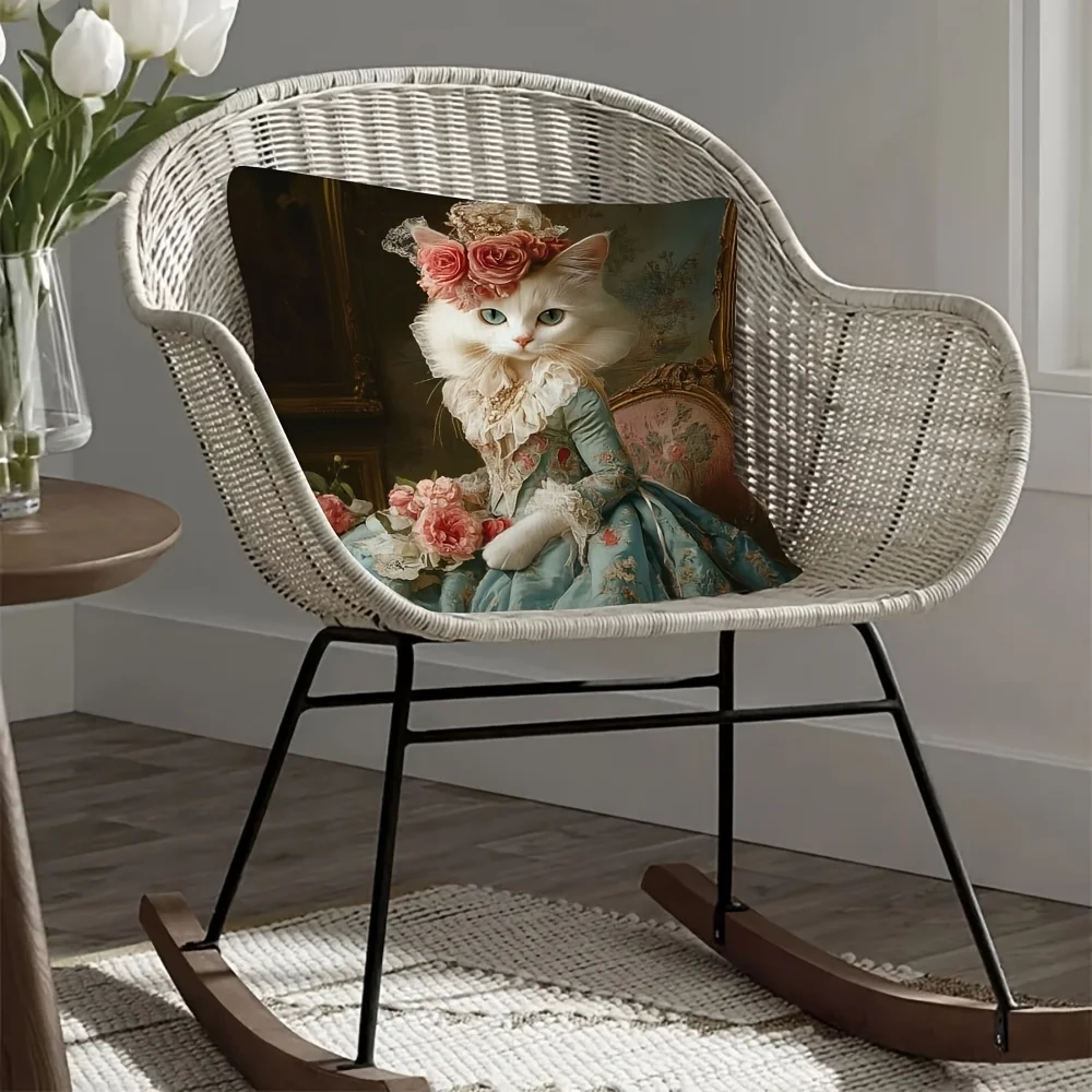 2D flat- # Victorian Royal Cat Throw Pillow Cover, Elegant Floral Decorative Pillow Case for Sofa Bedroom Living Room