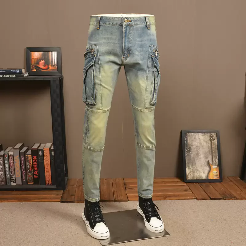 Pantalones vaqueros Retro lavados para hombre, Jeans elásticos ajustados de motorista empalmados, pantalones Cargo de mezclilla Hip Hop de diseñador de bolsillo, moda urbana, azul