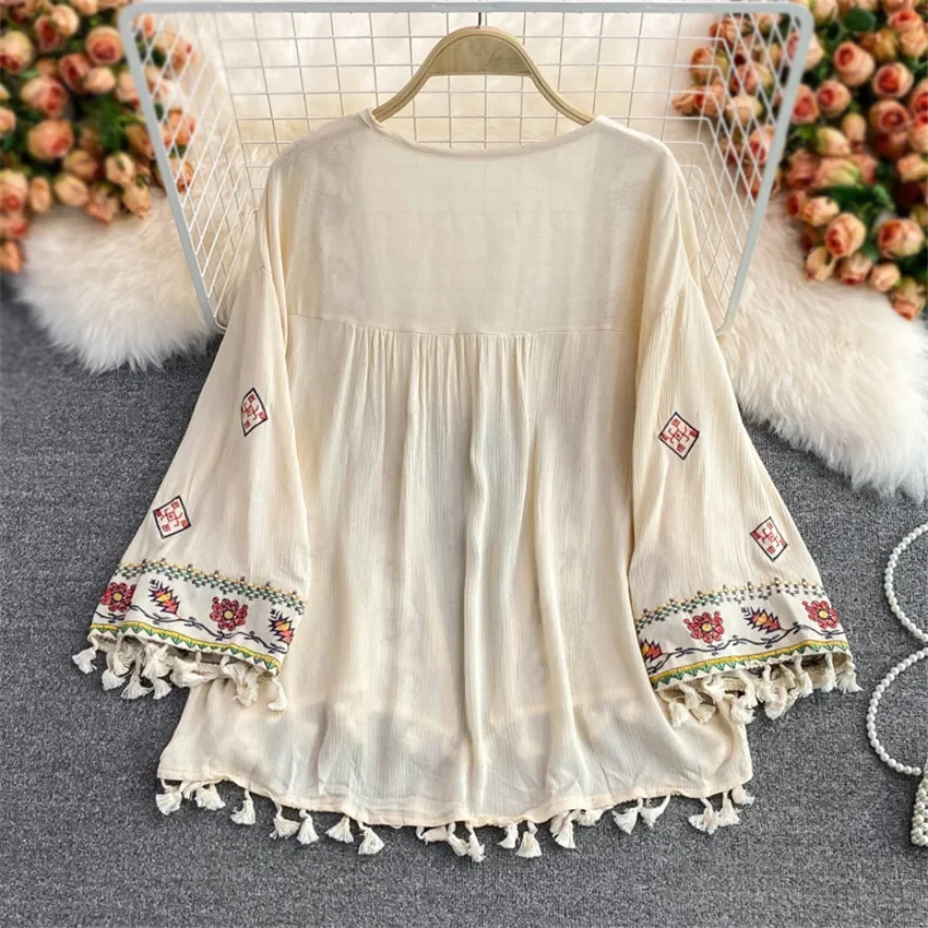 Bohemian Retro Vintage Kimono Cardigan Women 3/4 Sleeve Embroidery Shirt Casual Blouse With Tassel Beach Holiday Wear Blusa