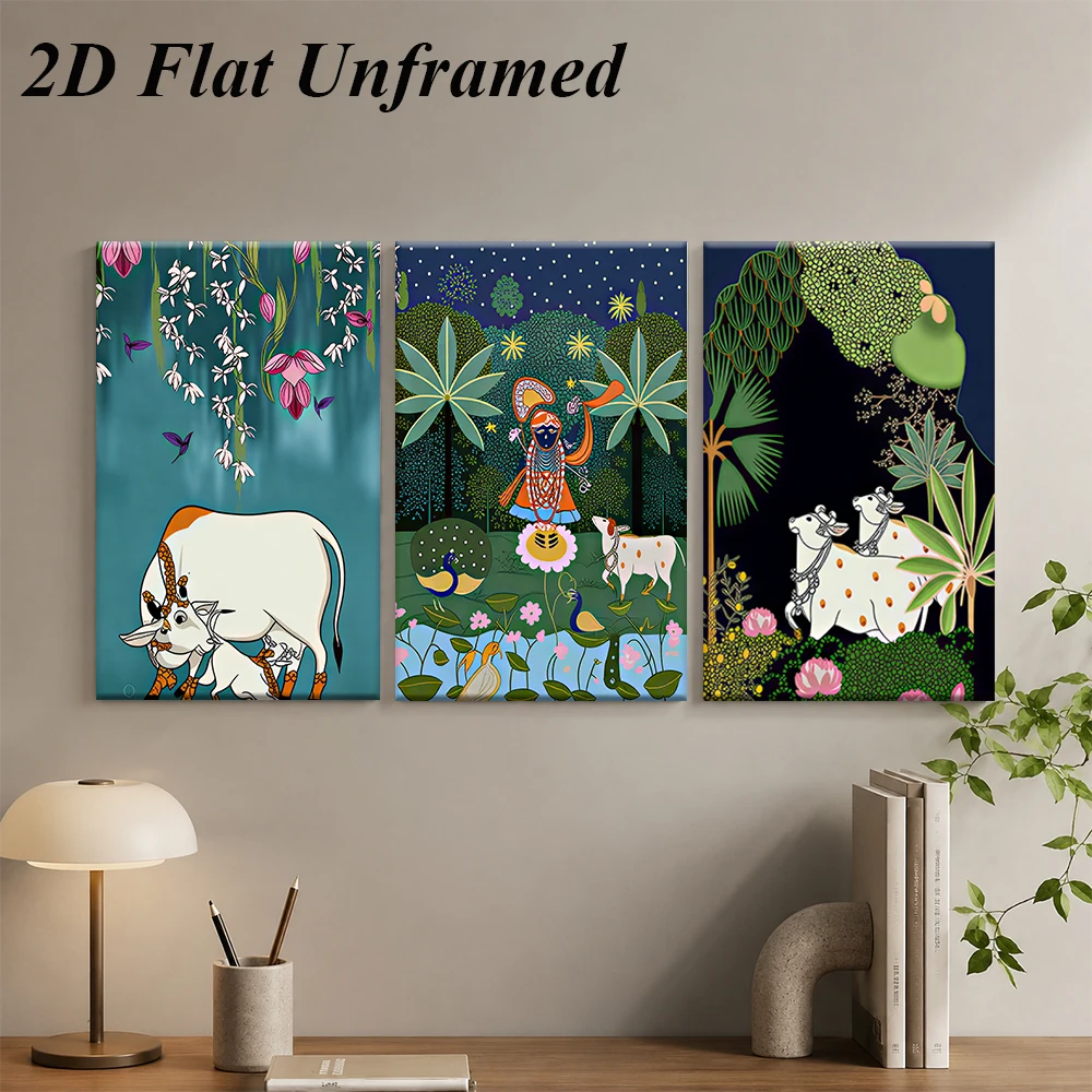 1 set of Chinese classical triptych frameless paintings, Indian mythological style living room decoration paintings, 2D plan