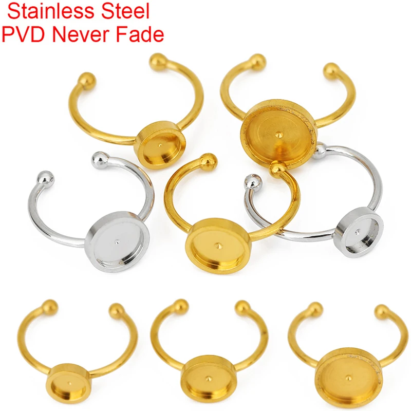 5pcs Adjustable Stainless Steel Round Ring Settings Tray Diy 6 8 10 12 mm PVD Never Fade Cabochon Cameo Base For Jewelry Making