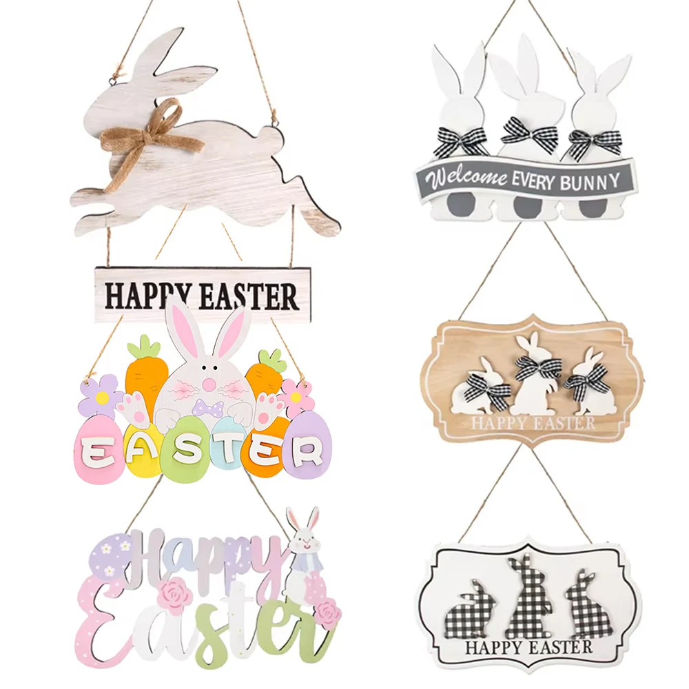 Cute Bunny Happy Easter Wooden Hanging Sign Easter Party Door Wall home Decoration wood Pendant Welcome Wreath Easter Supplies