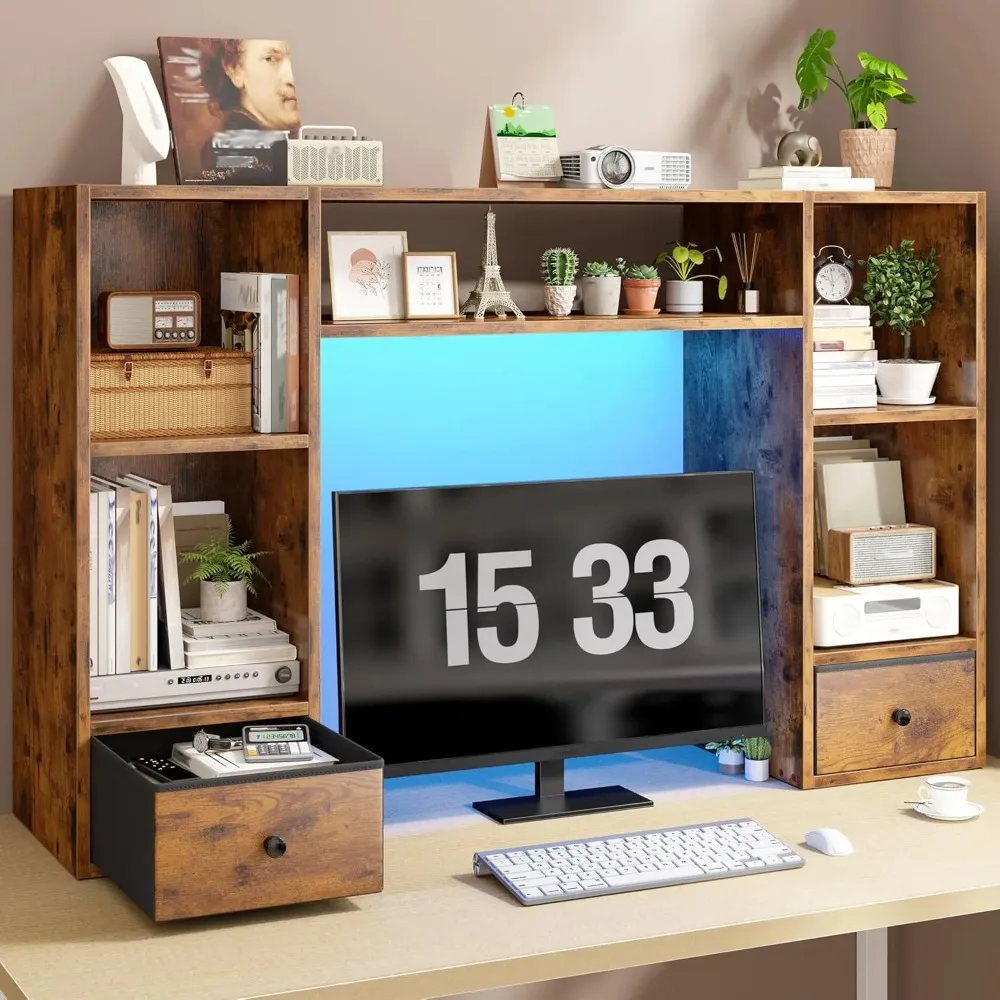 

Настольная книжная полка с LED-подсветкой, 47,2-дюймовый настольный органайзер с 6 полками и 2 выдвижными ящиками для столешницы, многофункциональный, настраиваемый