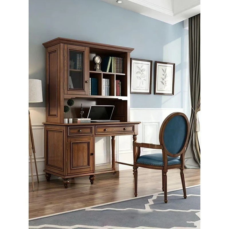 All solid wood desk bookshelf integrated combination children's study writing table household computer desk