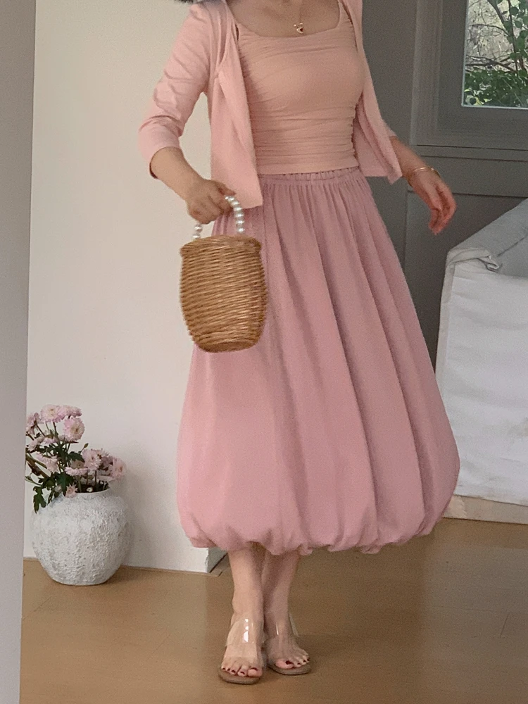 Elastic Knitted Half Skirt Women's Design Sensation Pink Floral Bouffant Skirt High Waist Long Skirt Pure Color Commute Style