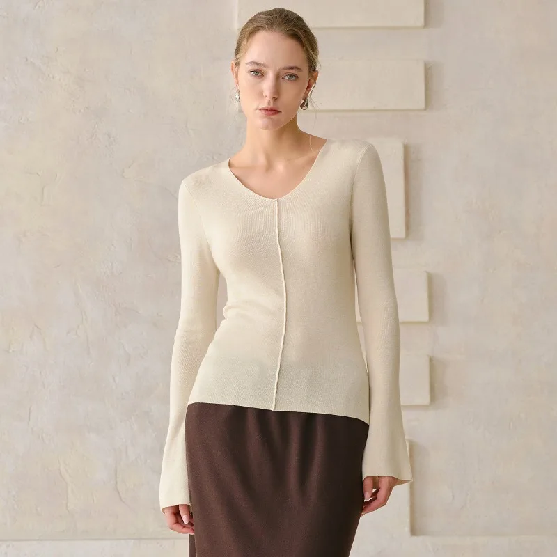 Women's Knitted Wool T-Shirts V-Neck Long Sleeve Slim Fit  Autumn Winter Pullover Sweaters Fashionable Casual Cashemere Tops