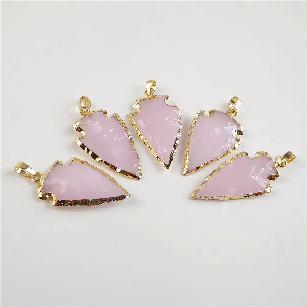 

FUWO Wholesale Arrowhead Shaped Pink Opal Pendant,High Quality Synthetic Quartz Accessories For Women Jewelry Making 5Pcs PD006