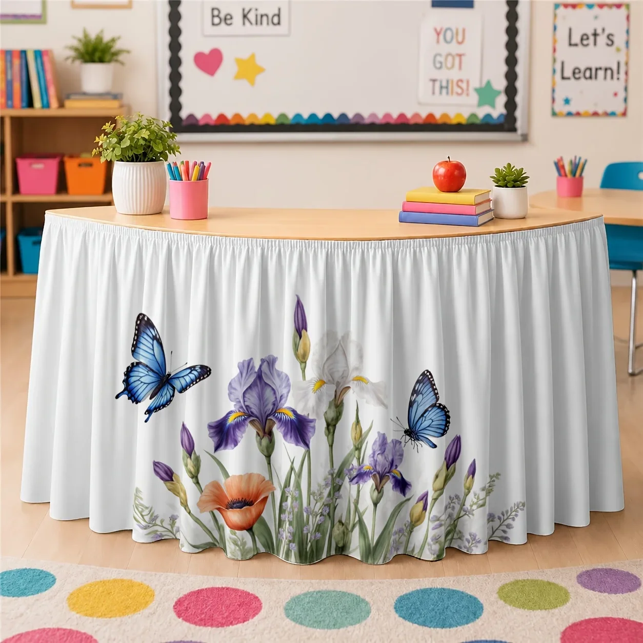 Table skirt with watercolor flowers, blue butterflies， spring garden, elegant tea party, fresh and naturalxzj