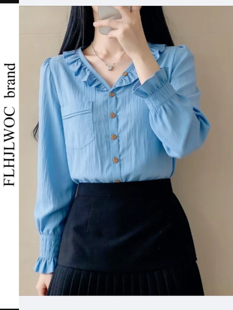 

Cotton Blends Ruffles Tops Blouses New 2026 Woman Long Sleeve Cute Girls Solid Retro Vintage Fashion Blue Button Shirts