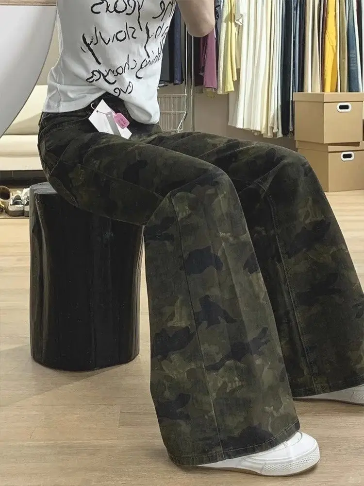 

American Style Camouflage Low Waist Flared Jeans Women's Spring Autumn plus Size Vintage Slimming Loose Leg Pants