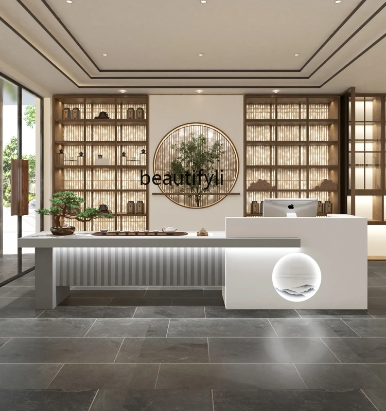 Chinese Modern Wood Color Foot Bath Tea House Reception Desk Bar Beauty Salon Cashier Company Pavilion of Regimen Front Desk