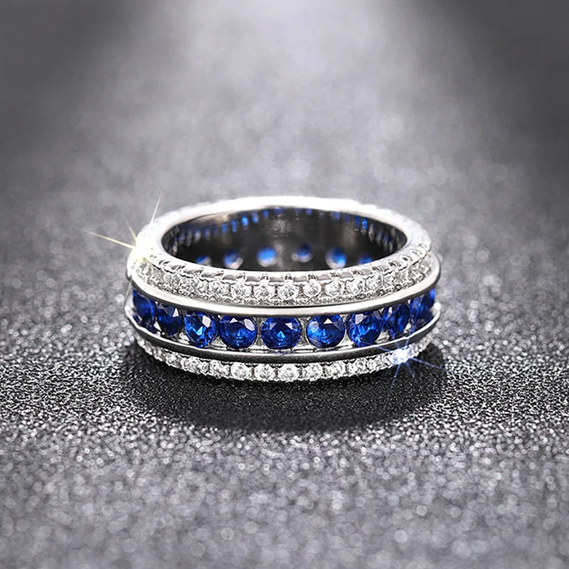 925 Sterling Silver Eternity Promise Rings Full Blue CZ Luxury Trendy Accessories for Women Wedding Party Fashion Jewelry