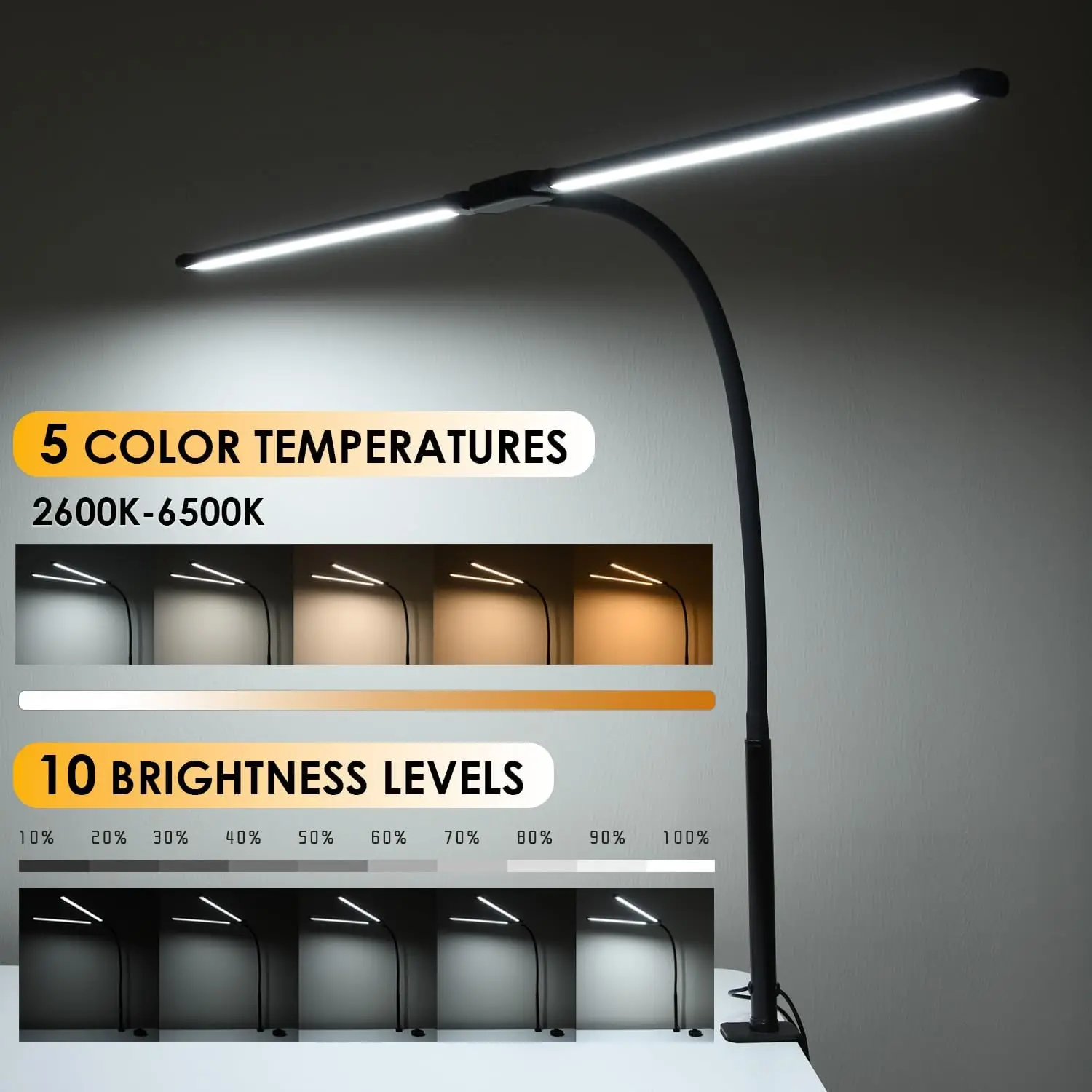 مصباح مكتب LED برأس مزدوج، مصابيح مهام مهندس معماري مع مشبك، مصباح مكتب LED قابل للتعديل ومشبك مرن معقوفة