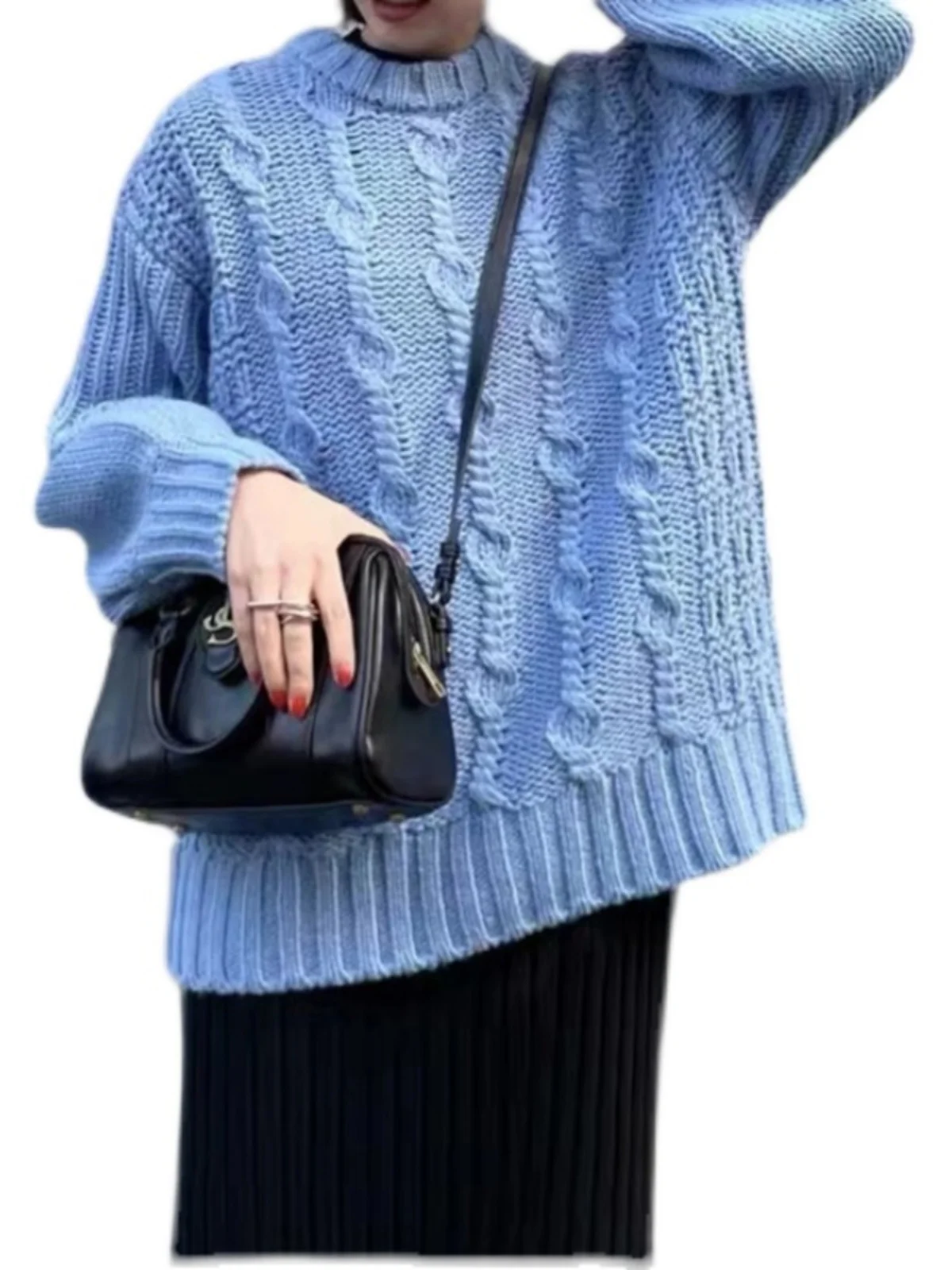 Faionable Women's Knitted Sweater Wool Blend Street Sle Loose Twist Long Medium Length round Ne Pullover Autumn Winter