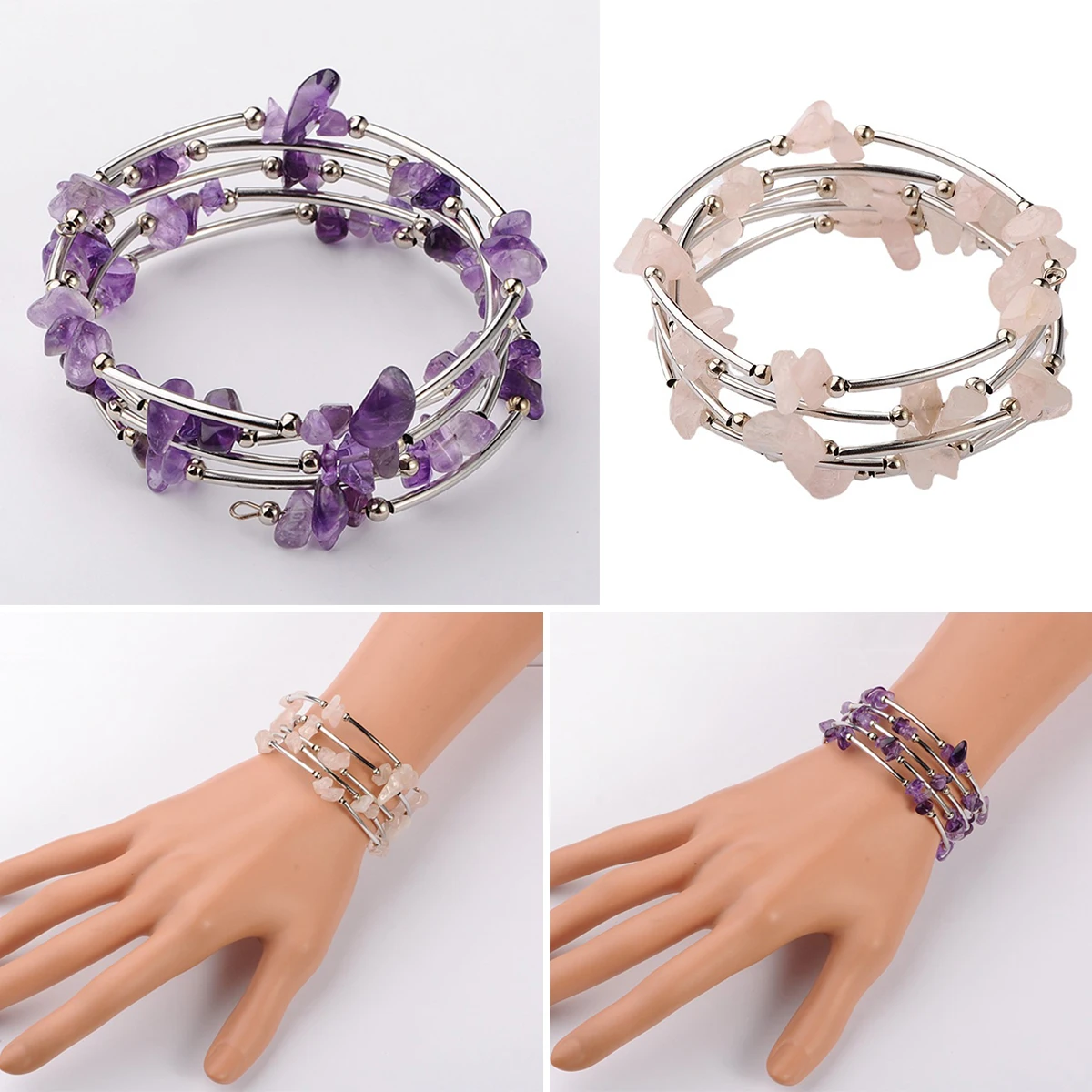 

Natural Crystal Chipped Stone Bracelet Amethyst Pink Crystal Healing Bracelet Crystal Gemstone Bracelet Beads Chakras