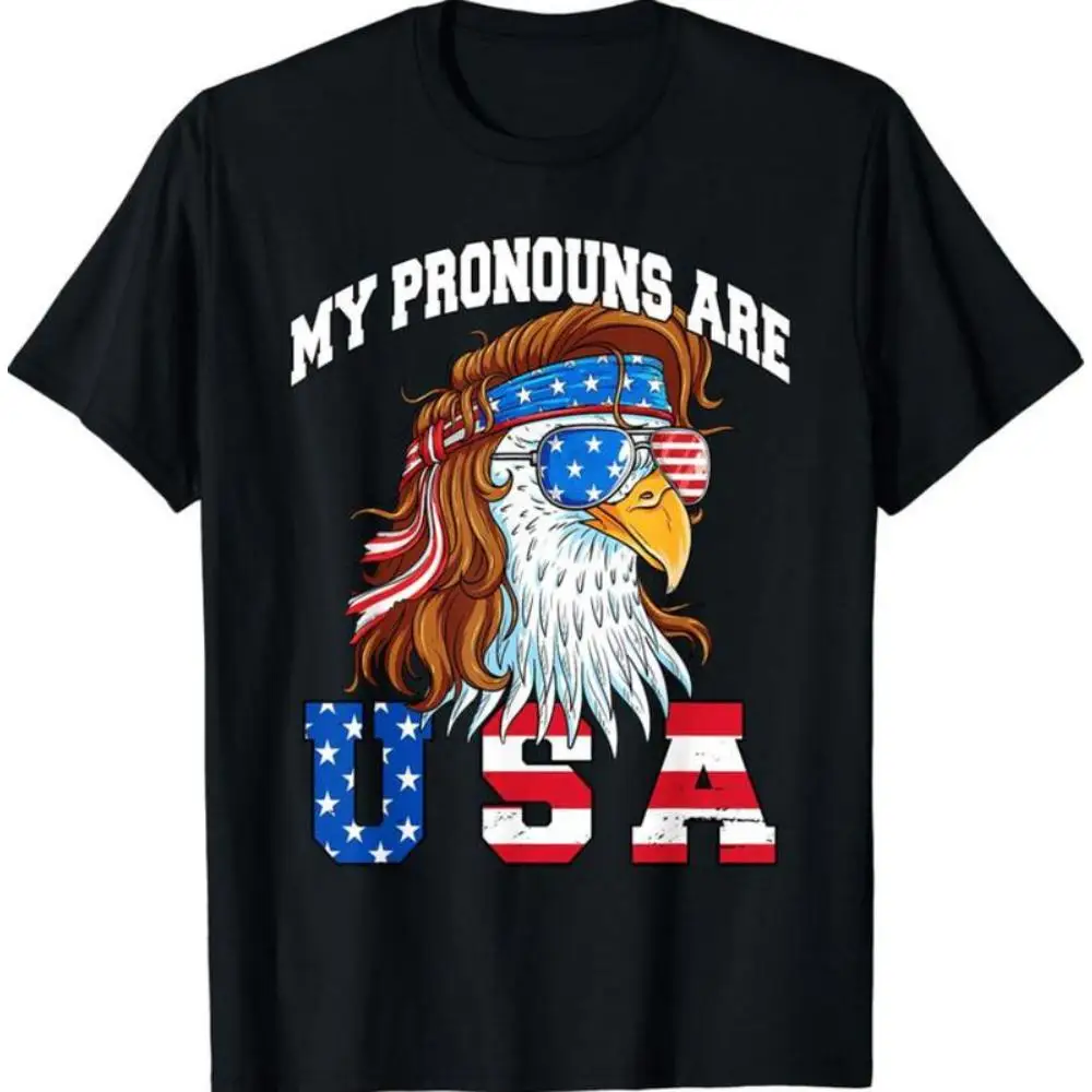 

My Pronouns Are USA T-Shirt Men Women Funny Bald Eagle Graphic Tee Retro American Flag Summer Top Patriotic Pride Loose Fit