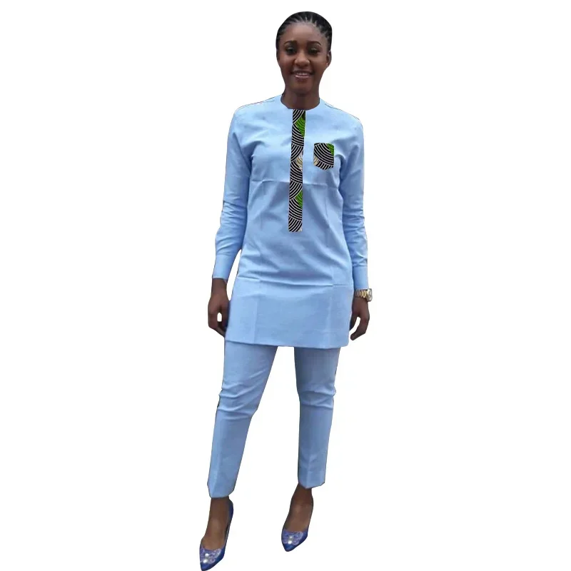 Light Blue Women Patchwork Tops With Trousers Ankara Outfits Festival Shirt+Pant Female African Personalized Wear