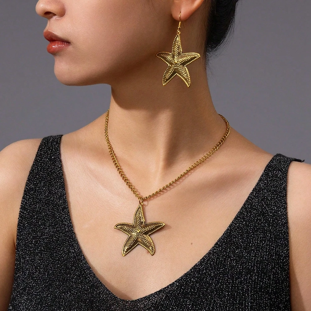 New Fashion Trendy Metal Retro Antique Gold Color Starfish Drop Earrings For Women Summer Vacation Jewelry Accessories