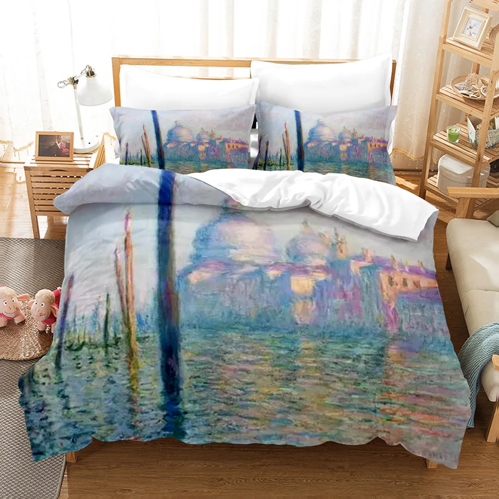 Oil Painting Duvet Cover Set King Queen Printed Quilt Cover with Famous Paintings By Monet and Van Gogh Polyester Duvet Cover