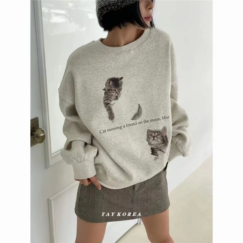 Early Autumn New Cat Printed Round Neck Sweatshirt  Women Loose Casual and Fashionable Versatile Top