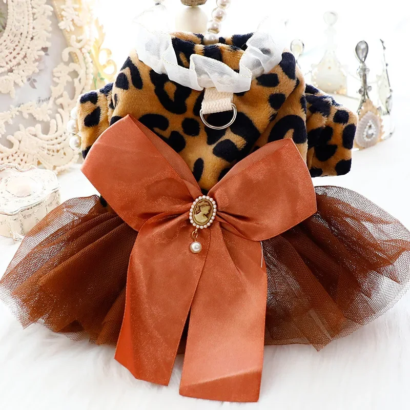 Puppy Dog Retro Leopard Dresses Autumn New Fashion Khaki Bow Lace Dress For Small Medium Dogs Chihuahua Poodle Pet Clothes XS-XL