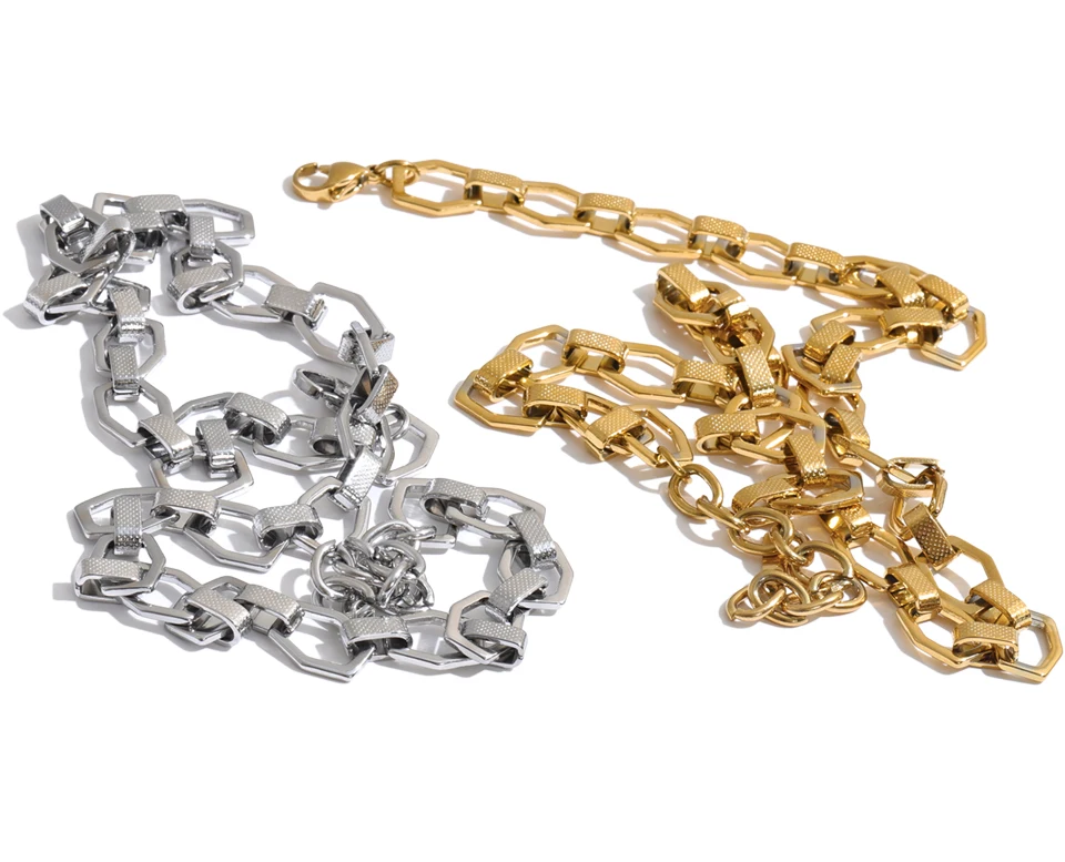 Yhpup Edelstahlkette, modische Halskette für Damen, 18K Goldfarbe, PVD-beschichtet, strukturiertes Metall, Statement-Schmuck – Detail 3