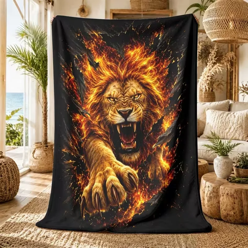 Cool Roaring Fire Lion Throw Blanket Animal Print Soft Cozy Blanket For Sofa Bed Couch All‑Season Use