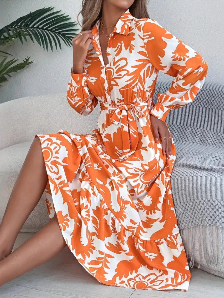 ฤดูร้อนผู้หญิงแฟชั่นชุดลําลองดอกไม้เสื้อแขนยาวชุด Ruffles Out วันหยุดสไตล์ชุด Office Lady เสื้อผ้า