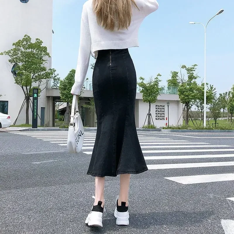 2024 Women Skirt Spring and Autumn New High Waist Stretch Fishtail Skirt Casual Versatile Ruffles Denim Skirts Female