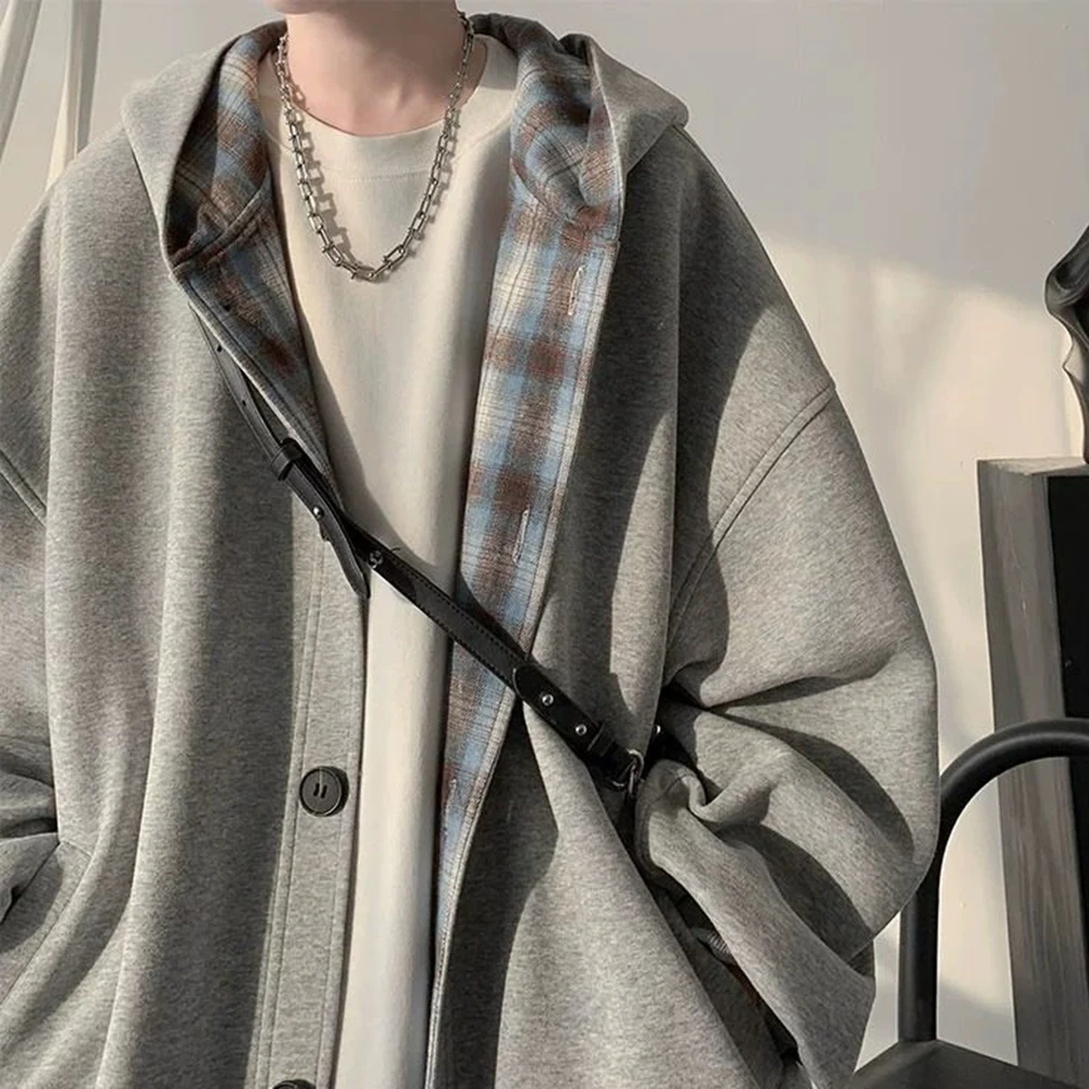 

Свободная толстовка, мужская клетчатая толстовка с капюшоном, осенняя мода, новая повседневная одежда, с капюшоном и вырезом, корейская мода, с длинным рукавом