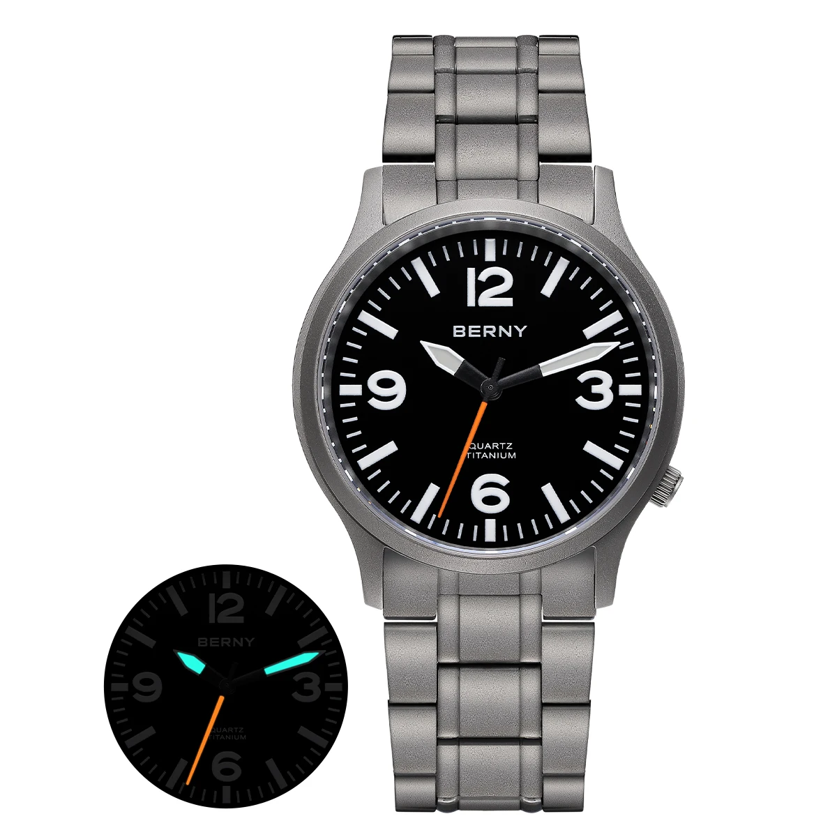 BERNY Full Titanium Watches for Men Super Luminous Sapphire Sports Field Quartz Men's Watch VH31 Wristwatch 5ATM Easy Read