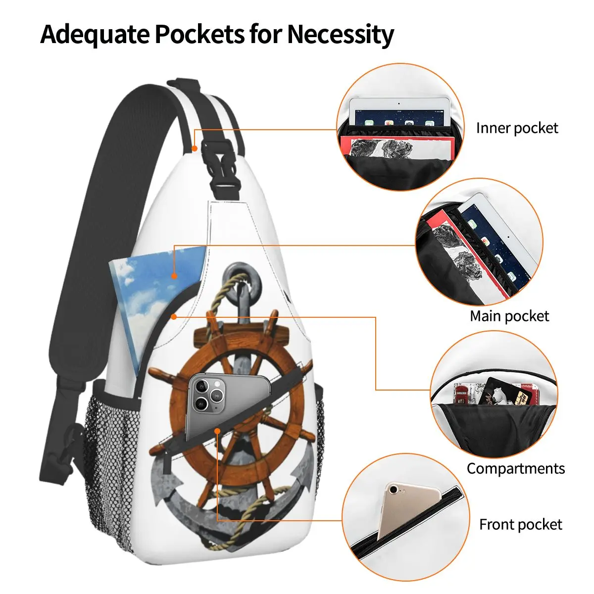 Nautical Ships Wheel Anchor Crossbody Sling Bag Casual Chest Bag Sailing Sea Boat Sail Shoulder Backpack Daypack Hiking Outdoor