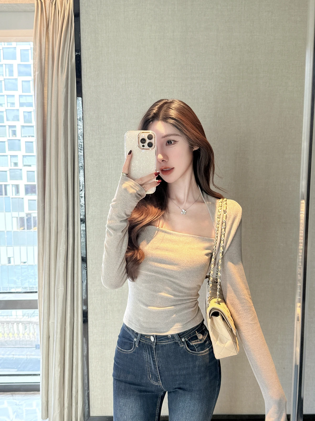 

JustQin Autumn Winter Sexy Slim Fit Knitted Base Layer Top for Women Soft Medium Thin Long Sve Square Collar