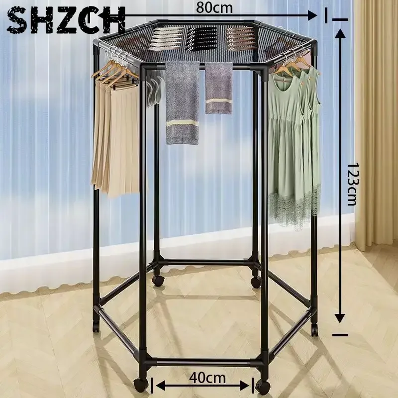 Hexagon Rotating Clothes Rack Double Tier Rolling Garment Stand With Brake Wheels Movable Clothing Drying Storage Rack