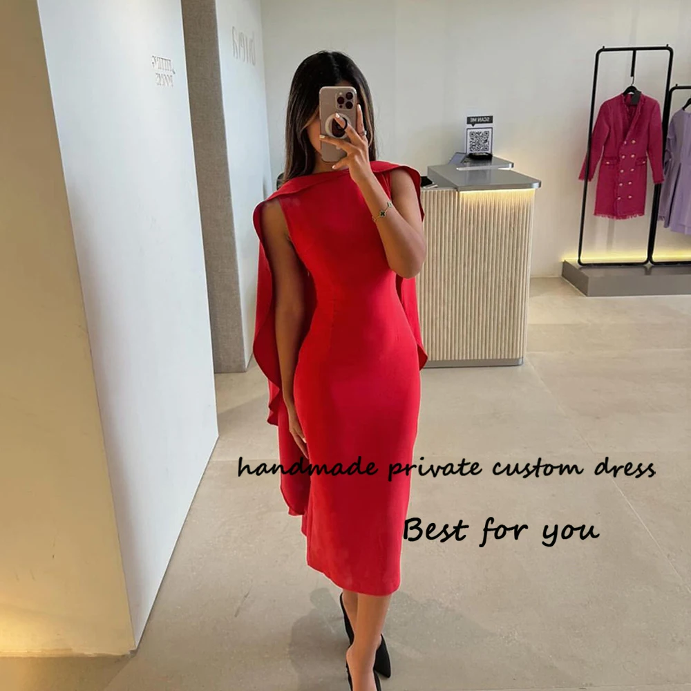 

Red Mermaid Evening Dresses with Cape Arabian Dubai Prom Dress Spandex Satin Formal Occasion Gowns Tea Length