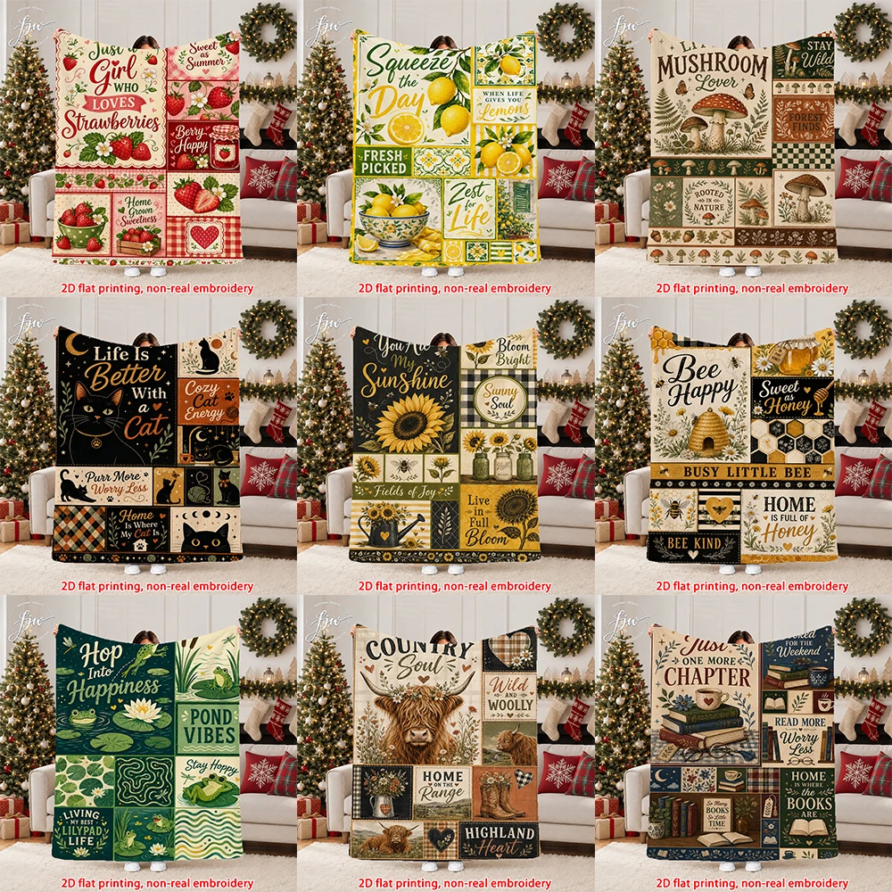 1pc  Vintage Farmhouse Themed Flannel Throw Blankets, Cute Floral Animal & Literary Style Soft Blanket For Couch Bed Sofa