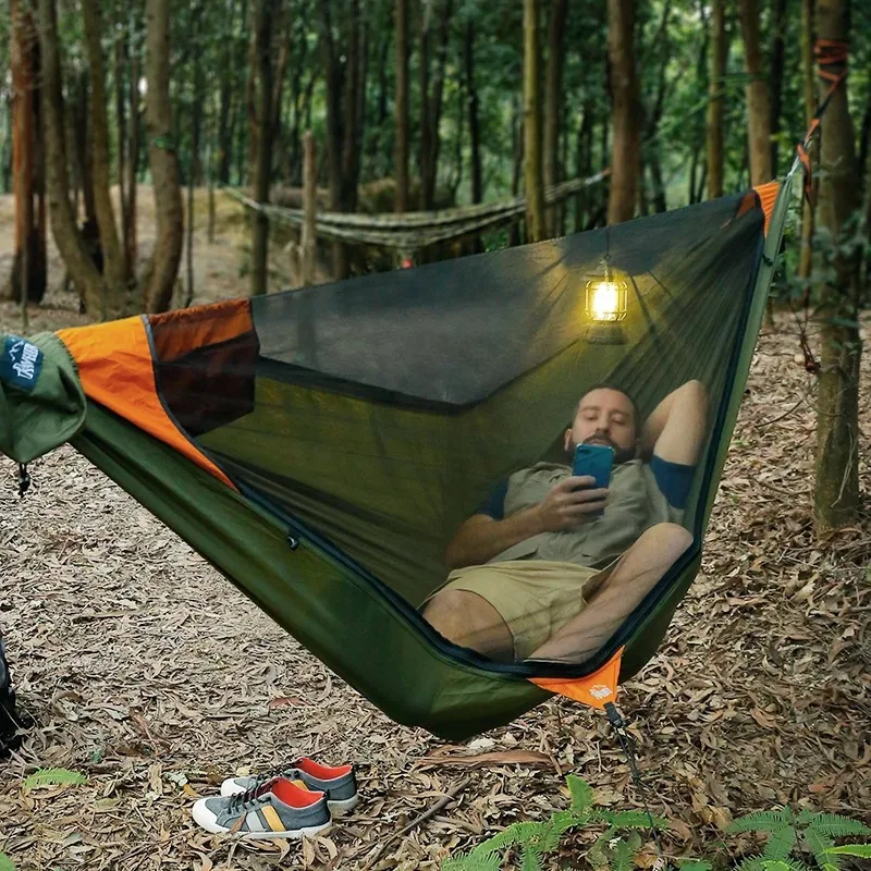 Camping single and double person with mosquito net hammock, outdoor ridge rope increased anti rollover speed opening mosquito pr