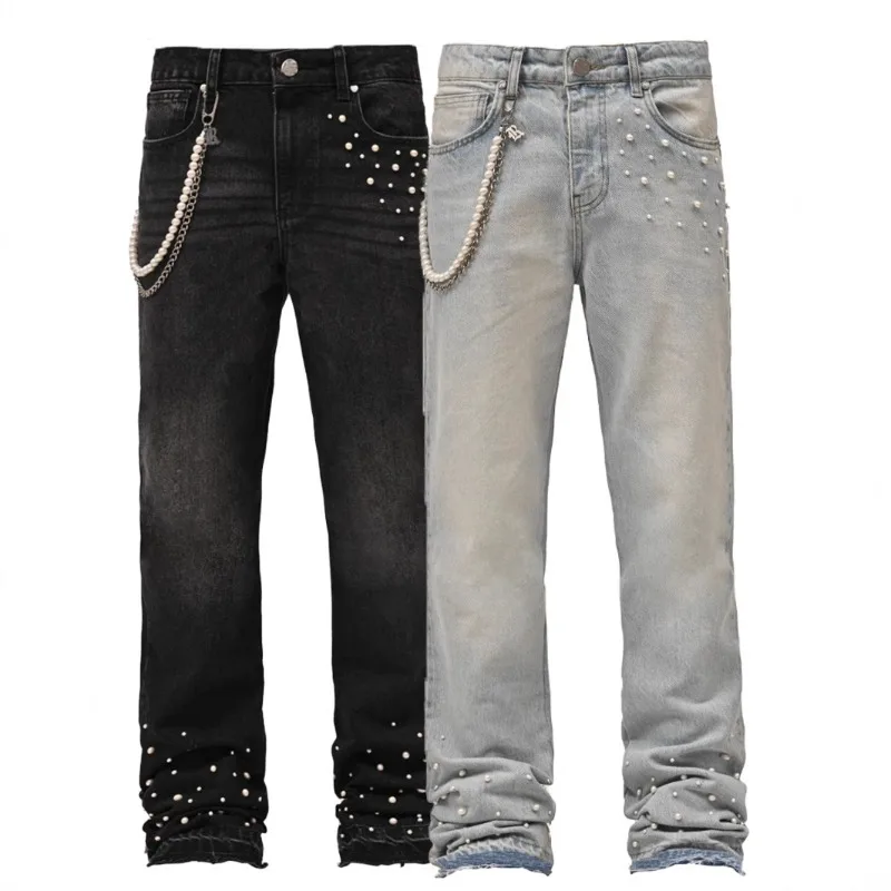 

Men Jeans 2025 High Street Fashion Straight Jeans Full Length Denim Pants Slight Strech Beading Loose Distressed Man Trousers