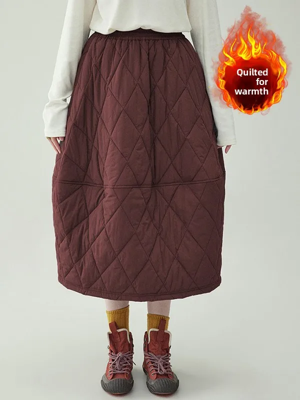 

Winter 2025 High Waist Quilted Midi A-Line Skirt plus Size Women's Loose Versatile Cotton Blend Casual High Waist Skirt