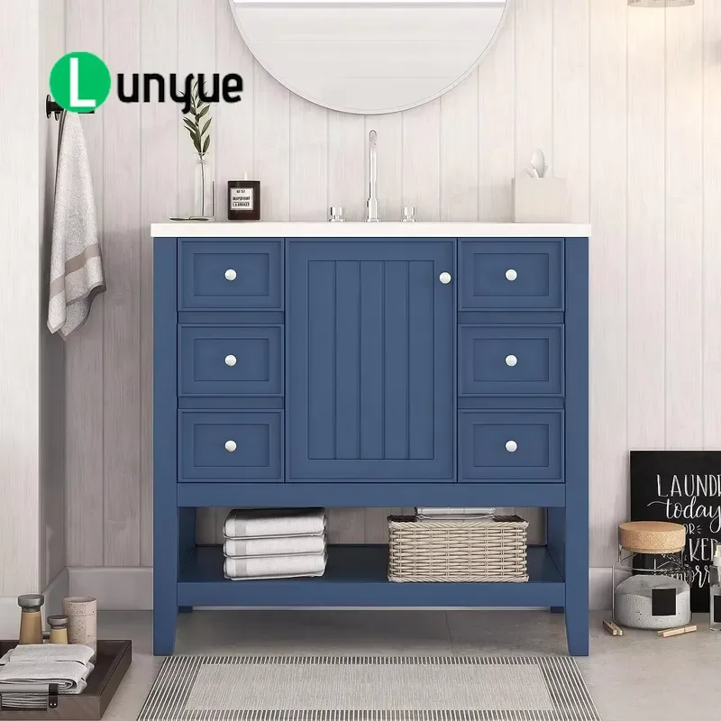 Modern Wood MDF Floor to Ceiling Bathroom Vanity with Single Basin Marble Top Durable Storage Cabinet for Contemporary Home