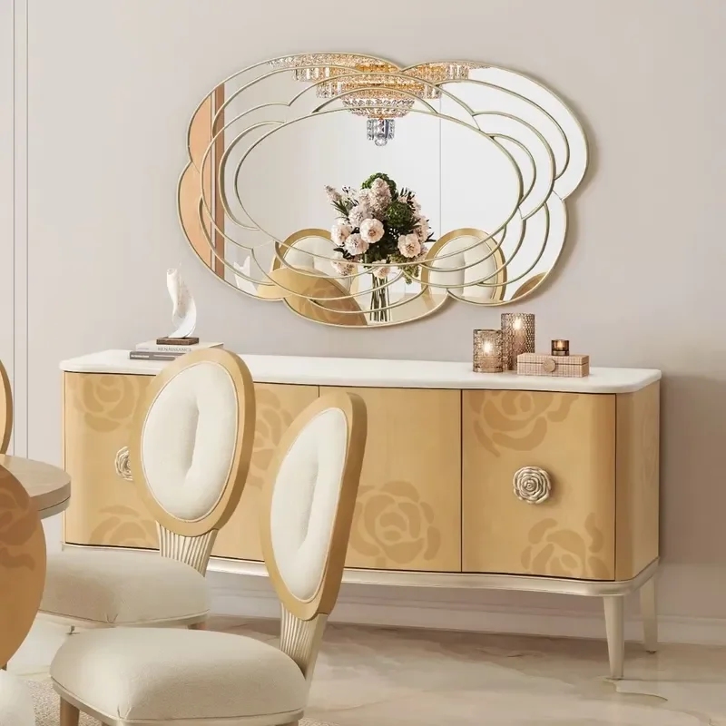 Custom High Gloss Media Cabinet with Camellia Design Marble Countertop Adjustable Shelf Living Room Sideboard Storage Console