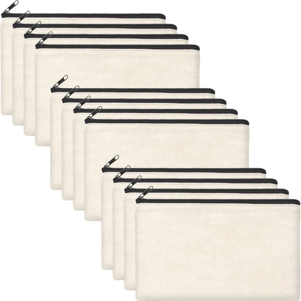 12pcs Blank Canvas Zipper Pouches, DIY Craft Pencil Bags & Multi-Purpose Storage Pouches, 8.3 × 5 Inch
