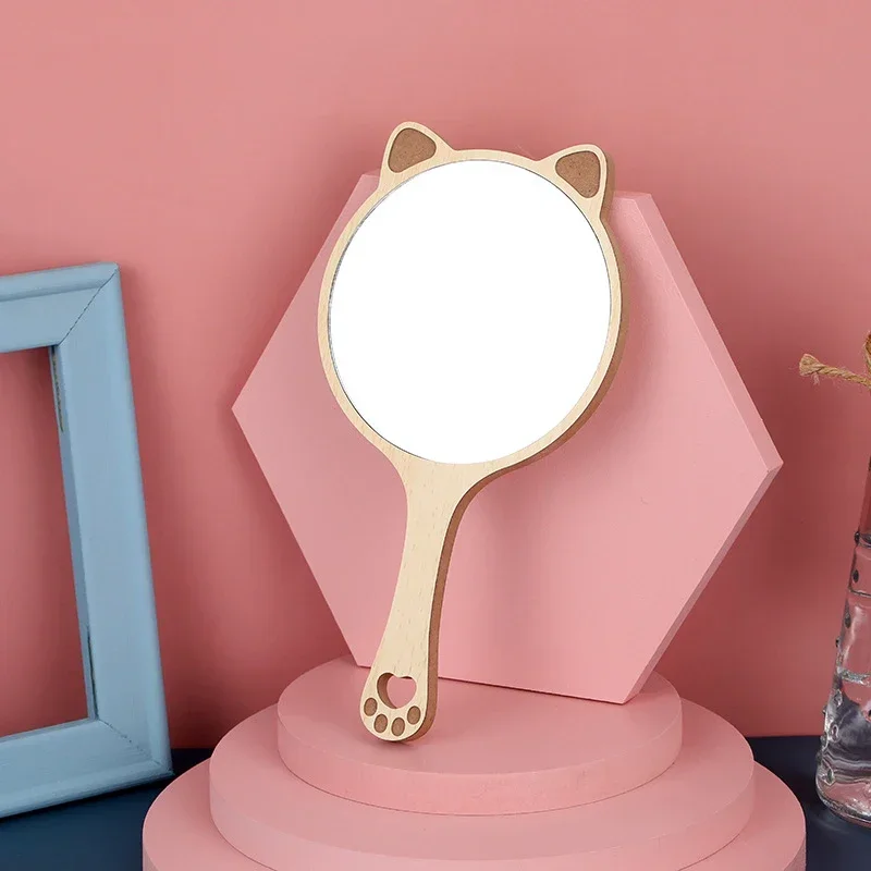 Hand Mirrors Wood Creative Design Makeup Handheld Cosmetic Mirror Portable Vanity Mirror Cute Cat Ear зеркало Maquiagem Espejo