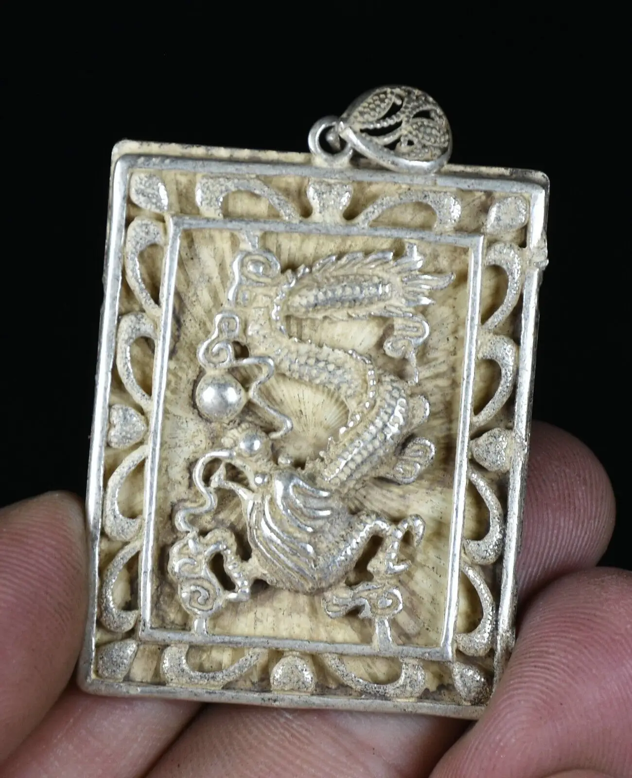 Chinese Miao Silver Feng Shui Dragon Play Bead, Lucky Pendant, Rare Old, 4.5cm