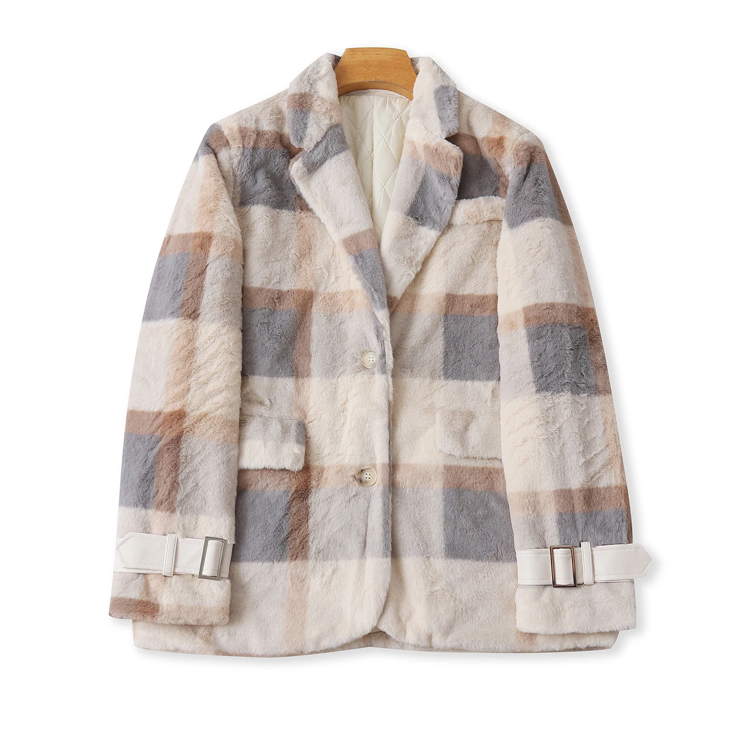

Thickened Leatherette Cotton Plaid Long Sleeve Suit Collar Outerwear Women's Winter New Style Two Buttons Casual Coat