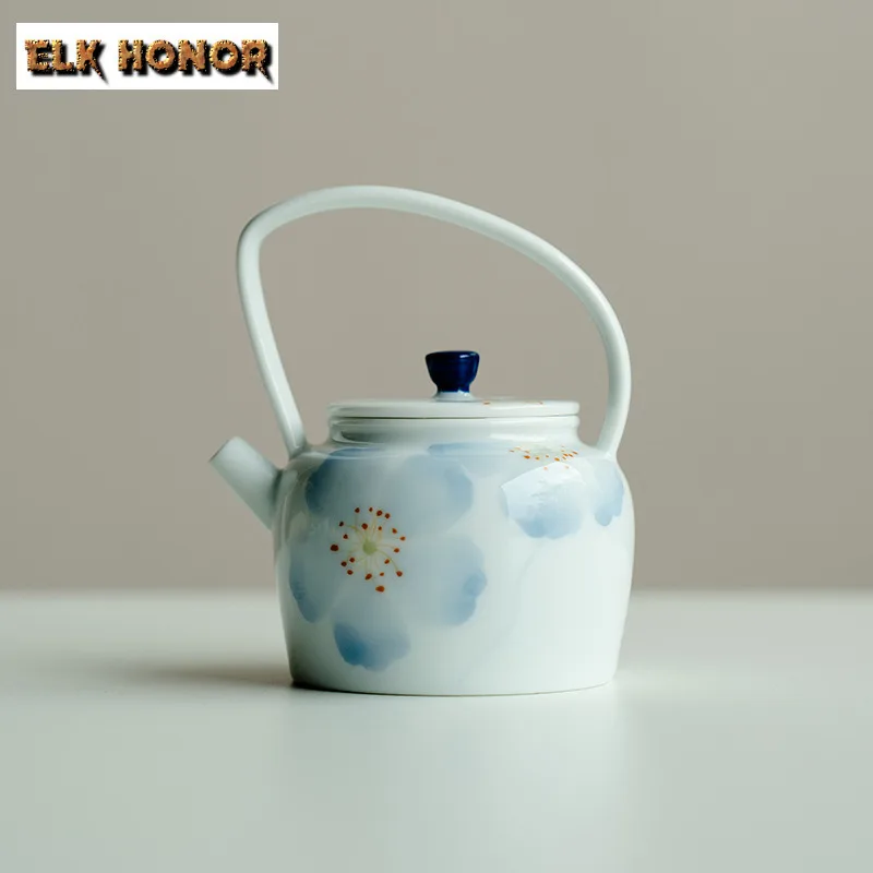 145ml Hand-painted Blue Shadow Begonia Forest Frost Lifting Handle Teapot Pot Tea Maker Kettle With Ball Hole Cha Ornaments Gift