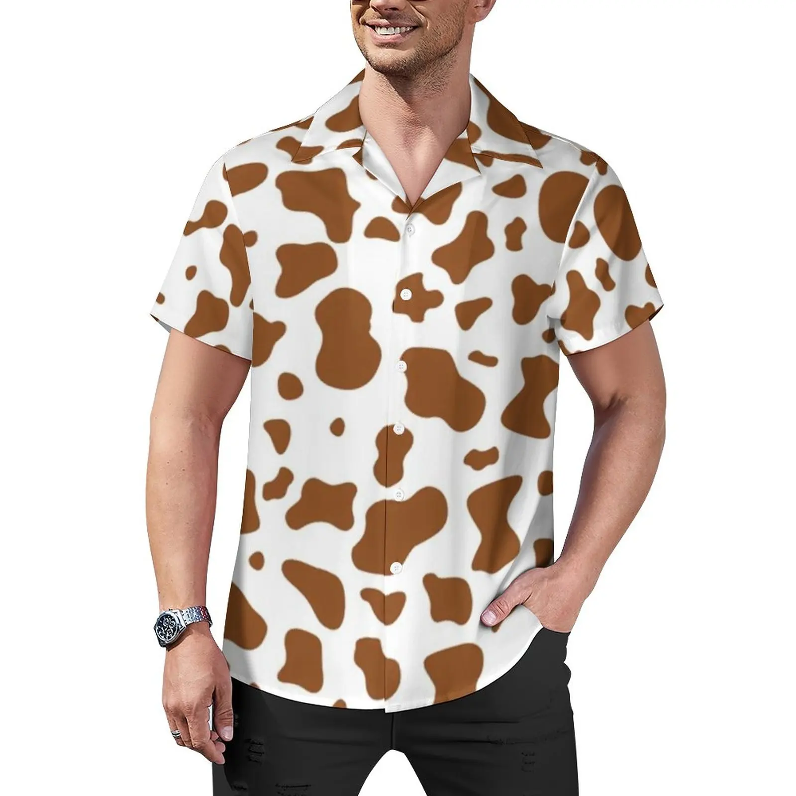 

Brown Cow Print Blouses Male Aesthetic Mooo Graphic Animal Casual Shirts Hawaiian Short-Sleeve Vintage Oversize Beach Shirt