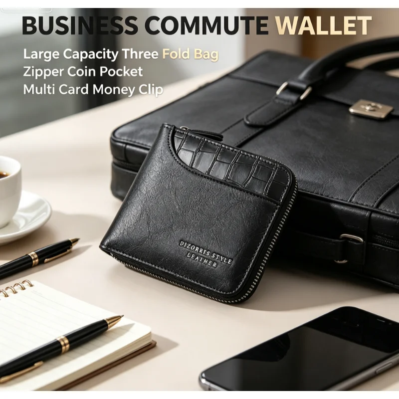 Men's short wallet spliced stone pattern large capacity three fold bag zipper coin wallet multi card money clip
